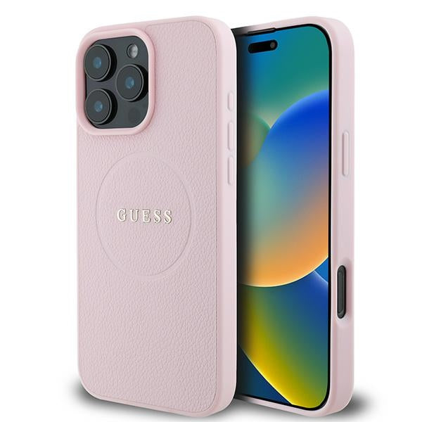 Guess Grained Ring MagSafe dėklas iPhone 16 Pro – rožinis