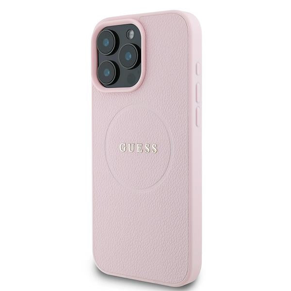 Guess Grained Ring MagSafe dėklas iPhone 16 Pro – rožinis