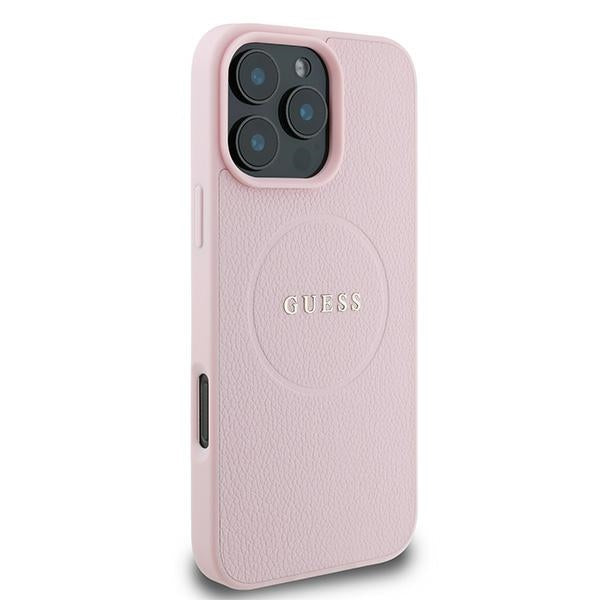 Guess Grained Ring MagSafe dėklas iPhone 16 Pro – rožinis
