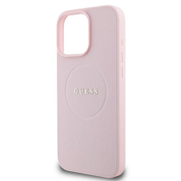 Guess Grained Ring MagSafe dėklas iPhone 16 Pro – rožinis