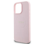 Guess Grained Ring MagSafe dėklas iPhone 16 Pro – rožinis