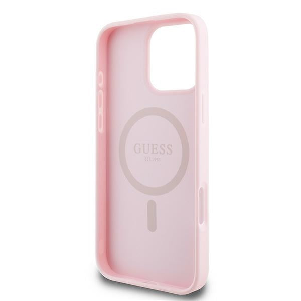 Guess Grained Ring MagSafe dėklas iPhone 16 Pro – rožinis