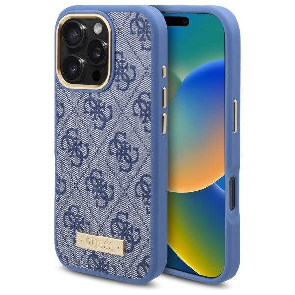 Guess 4G Logo Plate MagSafe dėklas iPhone 16 Pro – mėlynas