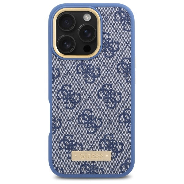 Guess 4G Logo Plate MagSafe dėklas iPhone 16 Pro – mėlynas