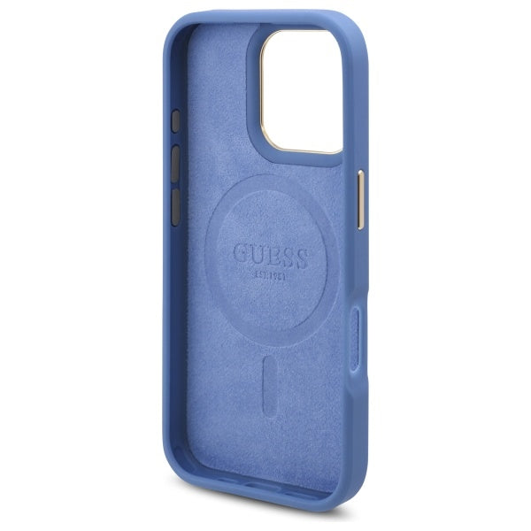 Guess 4G Logo Plate MagSafe dėklas iPhone 16 Pro – mėlynas