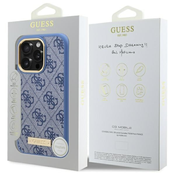 Guess 4G Logo Plate MagSafe dėklas iPhone 16 Pro – mėlynas