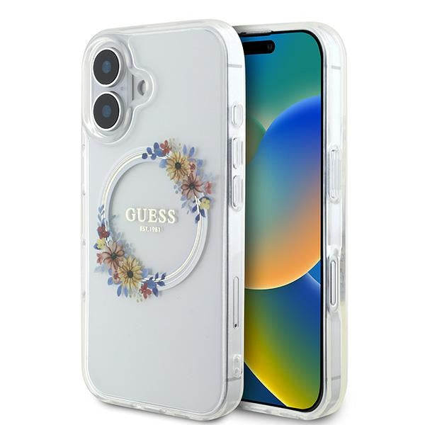 Guess IML Flowers Wreath MagSafe dėklas iPhone 16 Plus – skaidrus