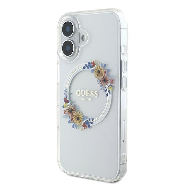 Guess IML Flowers Wreath MagSafe dėklas iPhone 16 Plus – skaidrus