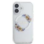 Guess IML Flowers Wreath MagSafe dėklas iPhone 16 Plus – skaidrus
