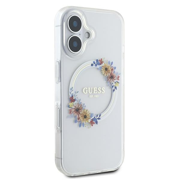 Guess IML Flowers Wreath MagSafe dėklas iPhone 16 Plus – skaidrus