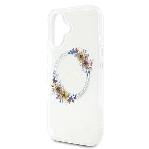 Guess IML Flowers Wreath MagSafe dėklas iPhone 16 Plus – skaidrus