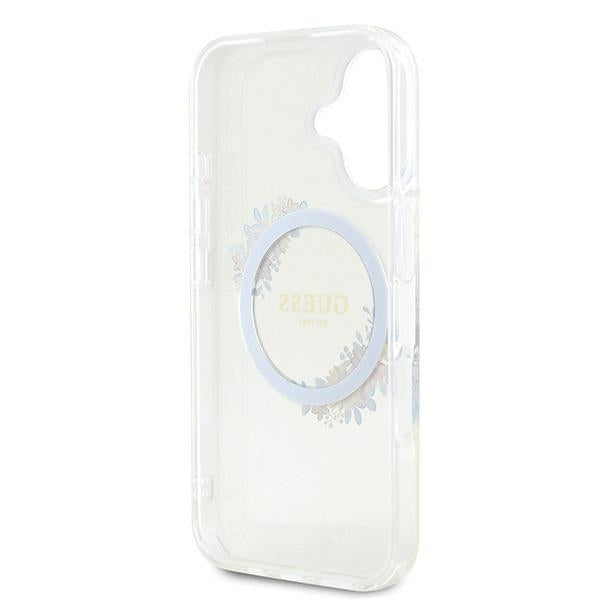 Guess IML Flowers Wreath MagSafe dėklas iPhone 16 Plus – skaidrus