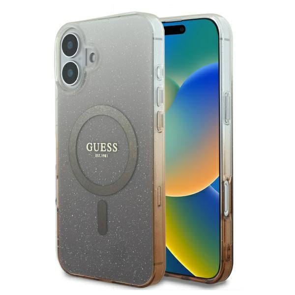 Guess IML Glitter Gradient MagSafe dėklas iPhone 16 Plus – rudas