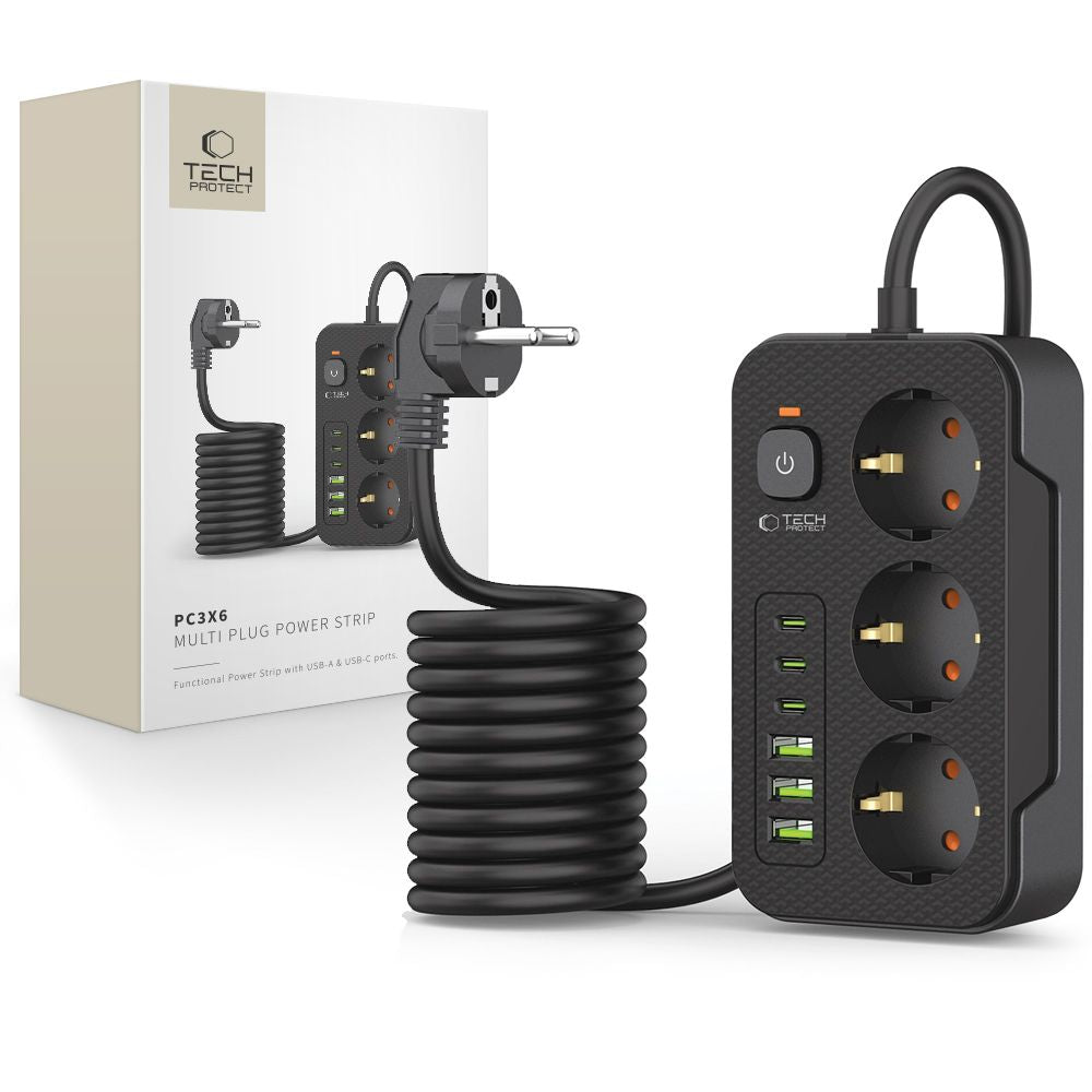 Tech-Protect PC3X6 maitinimo juosta, 3 lizdai 240V + 3xUSB-A + 3xUSB-C, 200 cm – juoda -- Cell phone cables