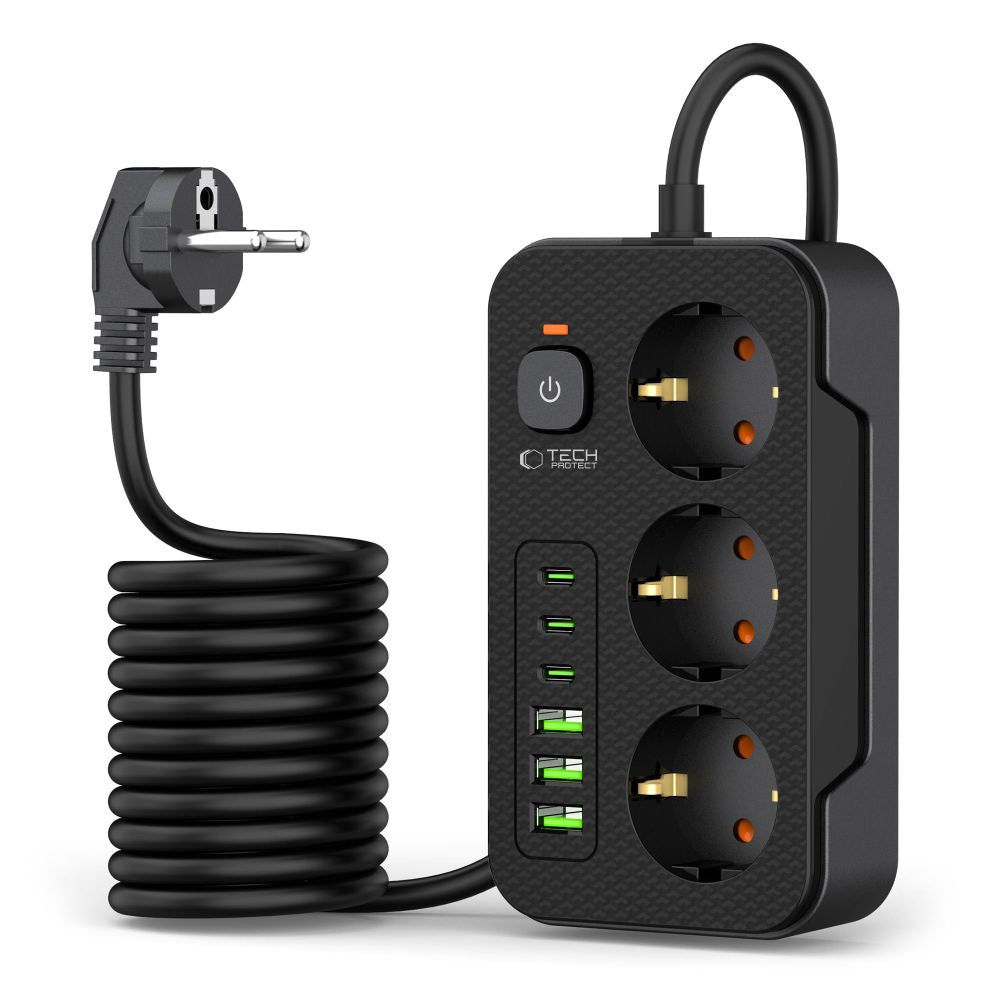 Tech-Protect PC3X6 maitinimo juosta, 3 lizdai 240V + 3xUSB-A + 3xUSB-C, 200 cm – juoda -- Cell phone cables