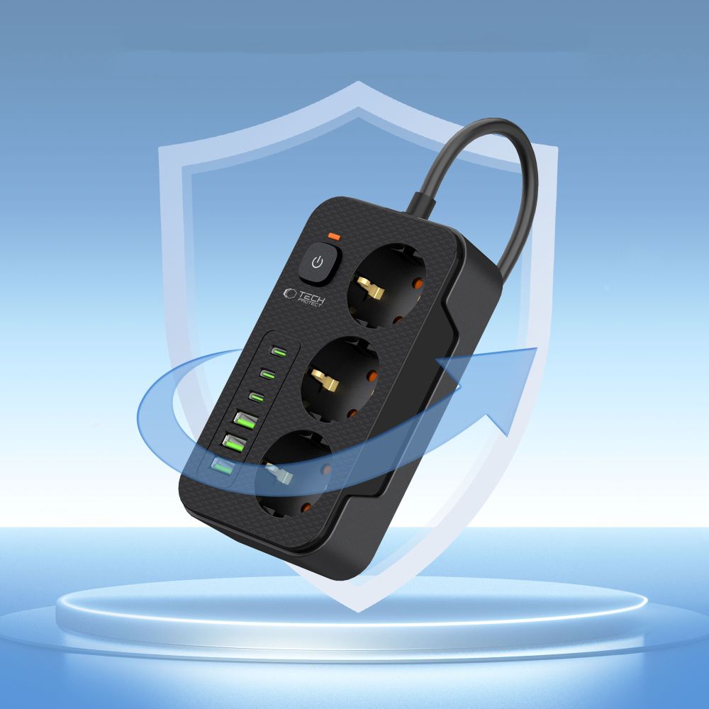 Tech-Protect PC3X6 maitinimo juosta, 3 lizdai 240V + 3xUSB-A + 3xUSB-C, 200 cm – juoda -- Cell phone cables