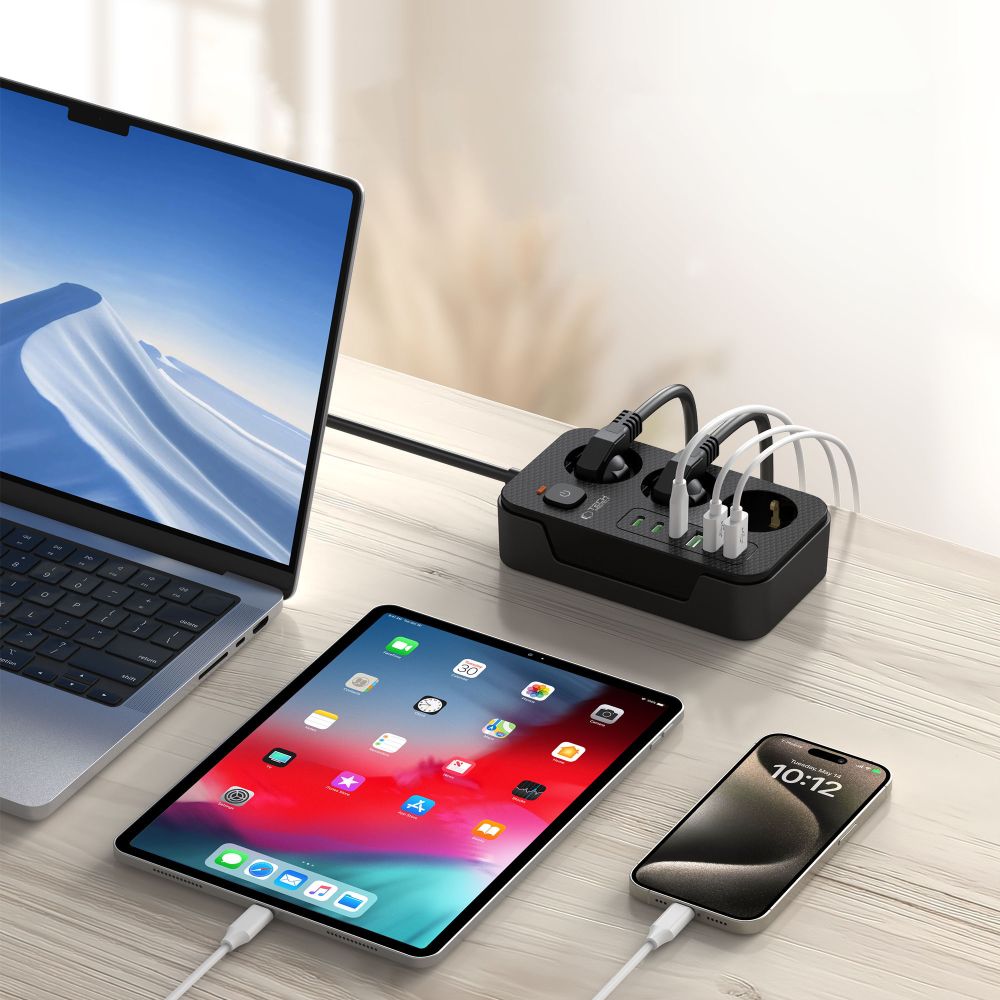 Tech-Protect PC3X6 maitinimo juosta, 3 lizdai 240V + 3xUSB-A + 3xUSB-C, 200 cm – juoda -- Cell phone cables