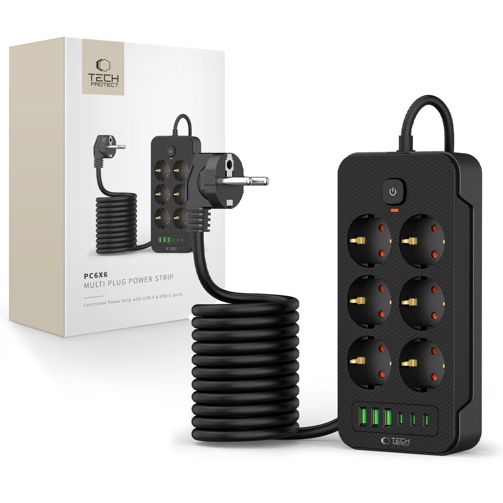 Tech-Protect PC6X6 maitinimo juosta, 6 lizdai 240V + 3xUSB-A + 3xUSB-C, 200 cm – juoda -- Cell phone cables
