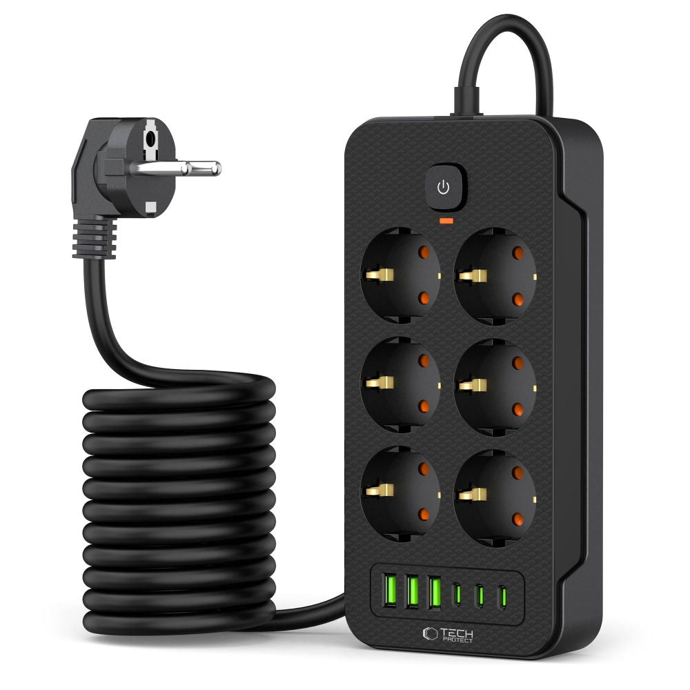 Tech-Protect PC6X6 maitinimo juosta, 6 lizdai 240V + 3xUSB-A + 3xUSB-C, 200 cm – juoda -- Cell phone cables