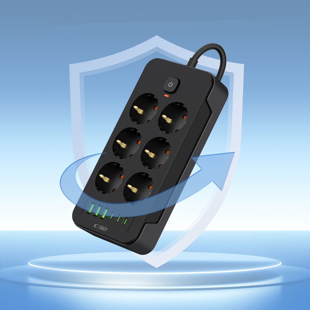 Tech-Protect PC6X6 maitinimo juosta, 6 lizdai 240V + 3xUSB-A + 3xUSB-C, 200 cm – juoda -- Cell phone cables