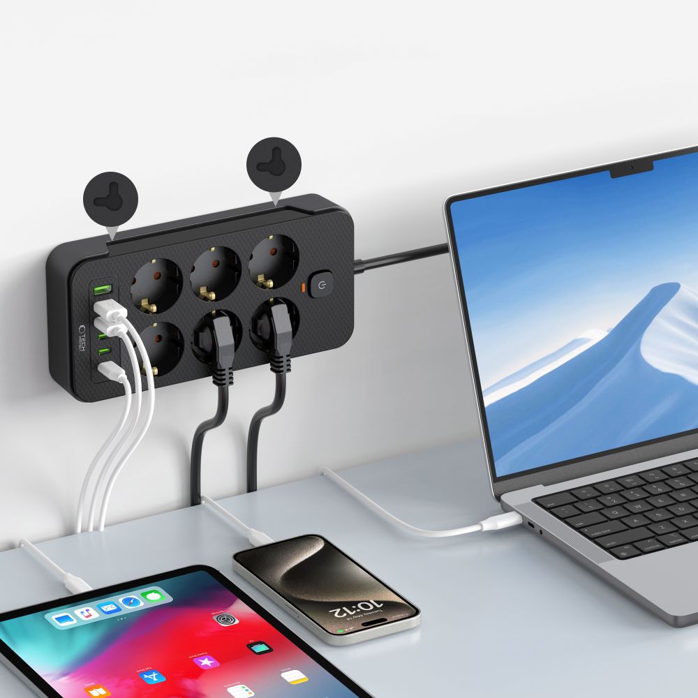 Tech-Protect PC6X6 maitinimo juosta, 6 lizdai 240V + 3xUSB-A + 3xUSB-C, 200 cm – juoda -- Cell phone cables