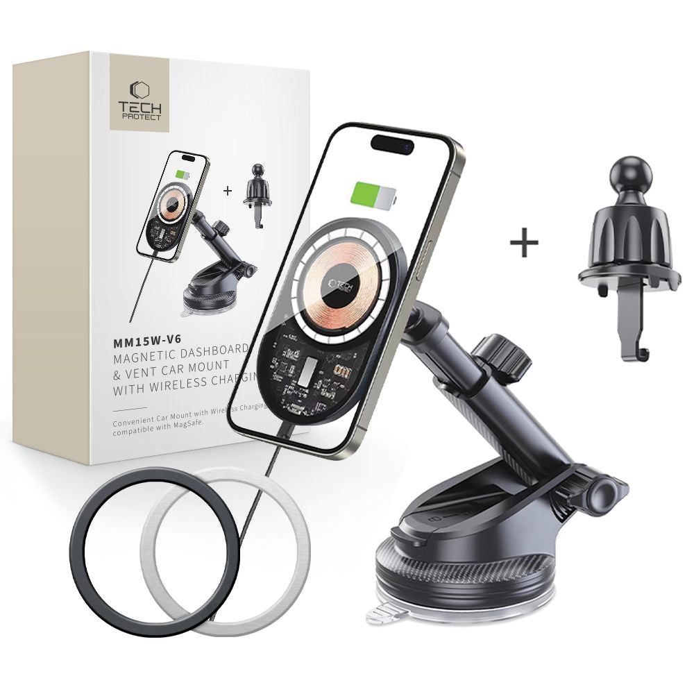 Tech-Protect MM15W-V6 15W Automobilinio įkroviklio laikiklis su MagSafe prietaisų skydeliui ir oro išleidimo anga - juodas Pirmasis paveikslėlis