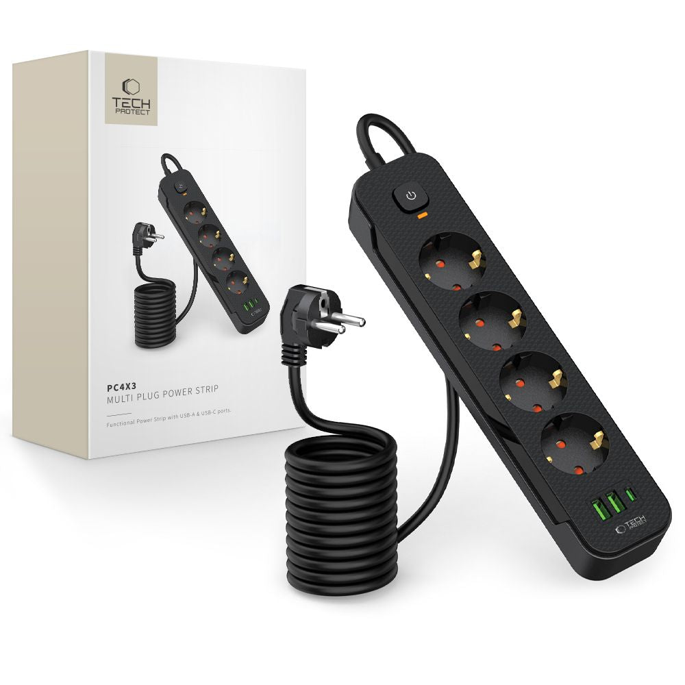 Tech-Protect PCL4X3 maitinimo juosta, 4 lizdai 240V + 2xUSB-A + 1xUSB-C, 200 cm – juoda -- Cell phone cables