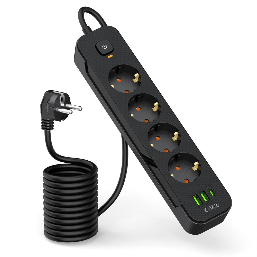 Tech-Protect PCL4X3 maitinimo juosta, 4 lizdai 240V + 2xUSB-A + 1xUSB-C, 200 cm – juoda -- Cell phone cables