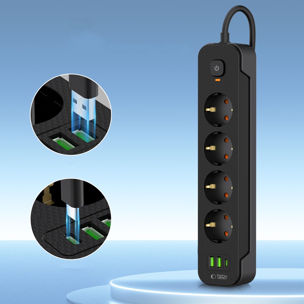 Tech-Protect PCL4X3 maitinimo juosta, 4 lizdai 240V + 2xUSB-A + 1xUSB-C, 200 cm – juoda -- Cell phone cables