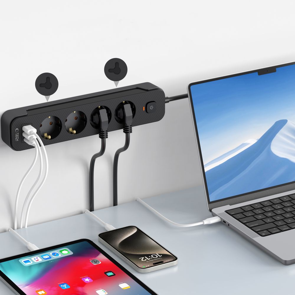 Tech-Protect PCL4X3 maitinimo juosta, 4 lizdai 240V + 2xUSB-A + 1xUSB-C, 200 cm – juoda -- Cell phone cables