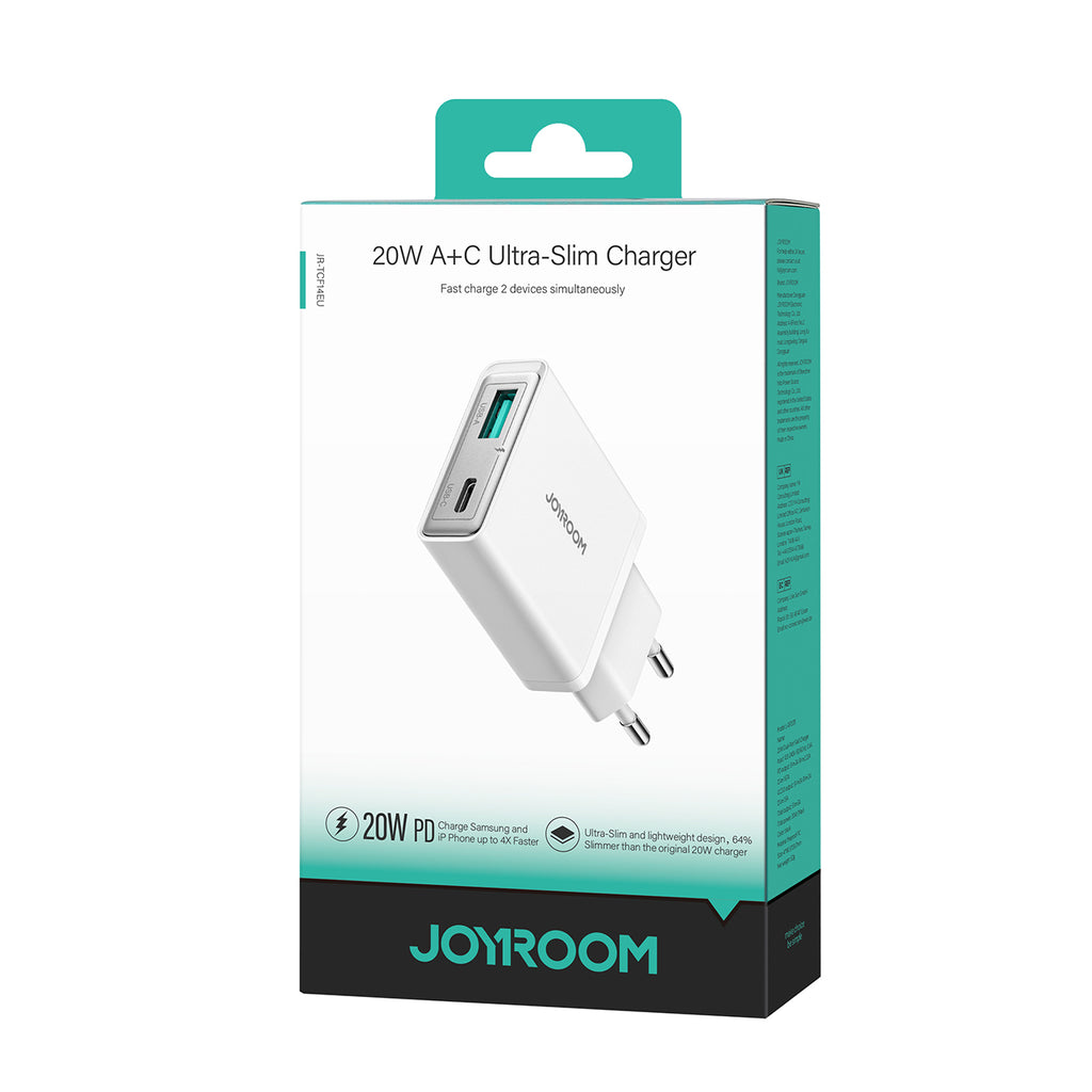 Joyroom JR-TCF14 20W USB-A USB-C itin plonas sieninis įkroviklis - baltas