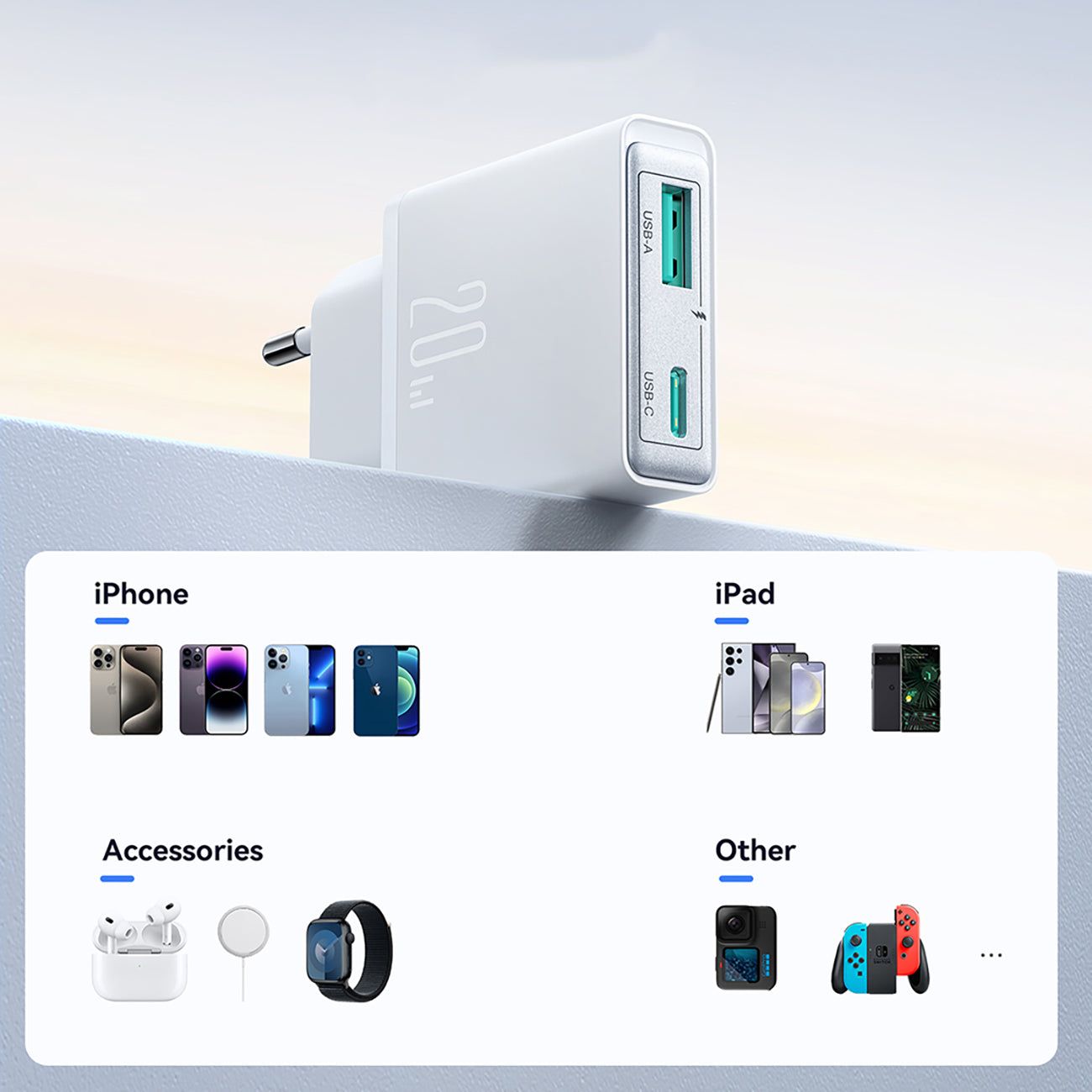 Joyroom JR-TCF14 20W USB-A USB-C itin plonas sieninis įkroviklis - baltas