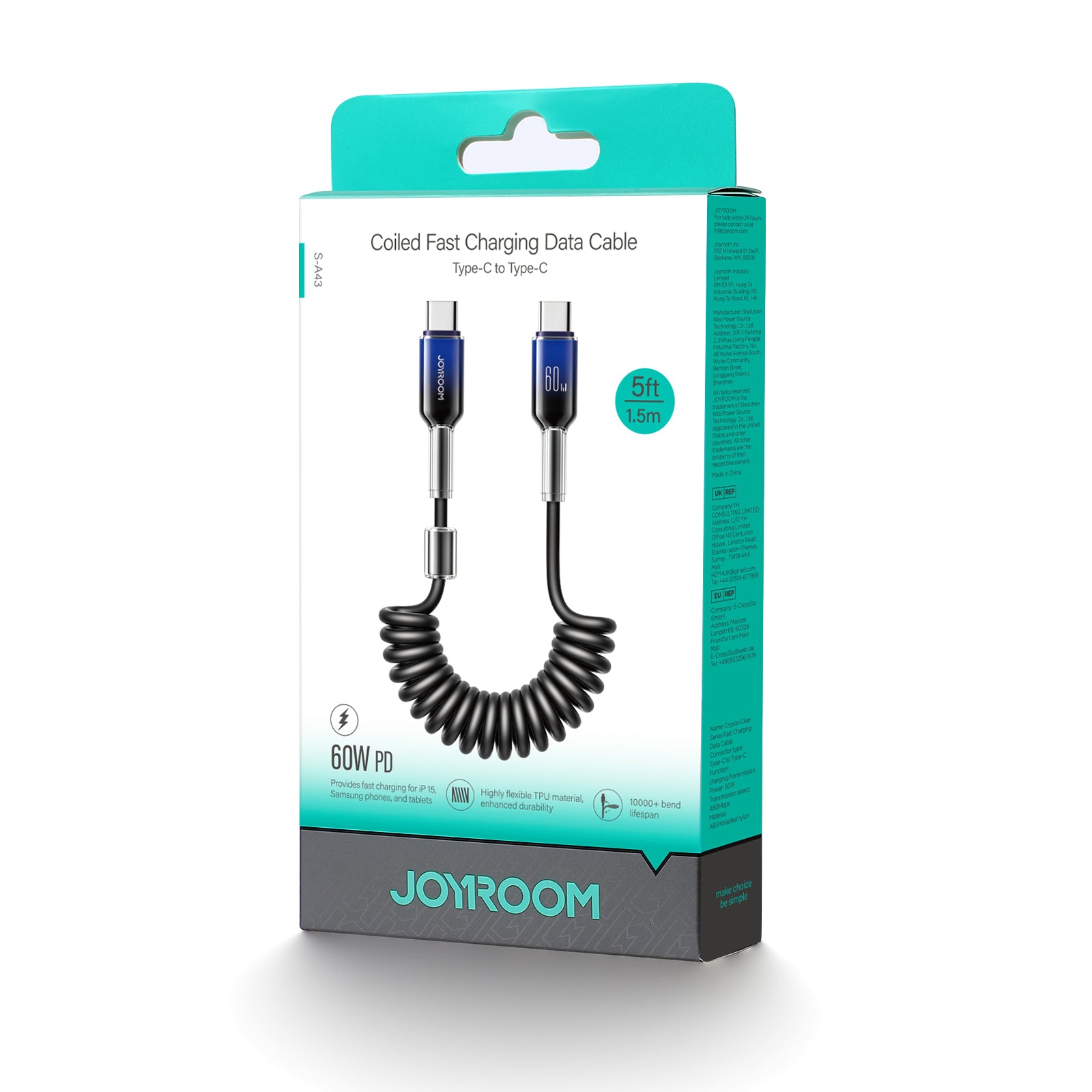 Joyroom S-A43 Crystal-Clear Series 60W USB-C - USB-C spiralinis laidas 1.5m - juodas
