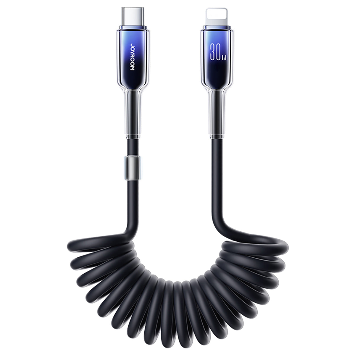 Joyroom S-A43 Crystal-Clear Series 30W USB-C - Lightning spiralinis laidas 1.5m - juodas