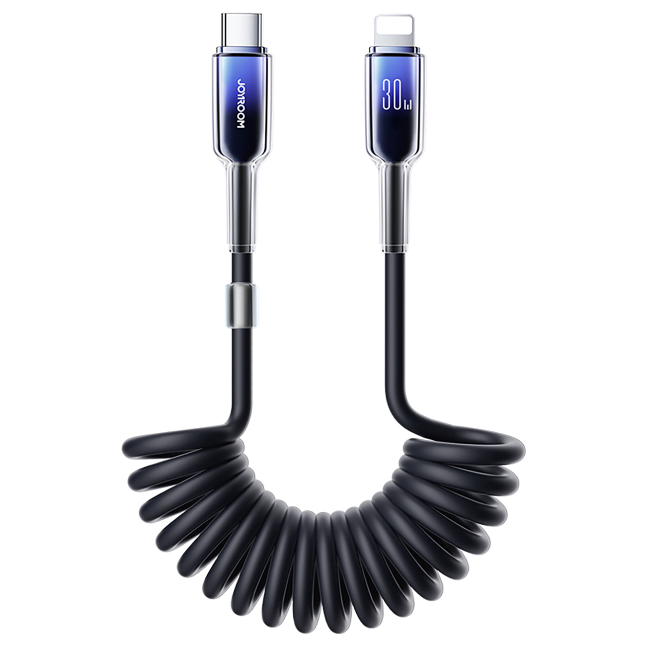 Joyroom S-A43 Crystal-Clear Series 30W USB-C - Lightning spiralinis laidas 1.5m - juodas