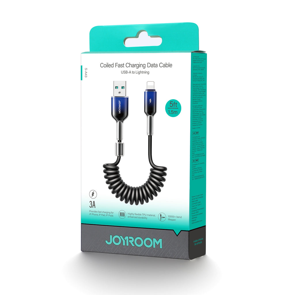 Joyroom S-A43 Crystal-Clear Series 3A USB-A - Lightning spiralinis laidas 1.5m - juodas