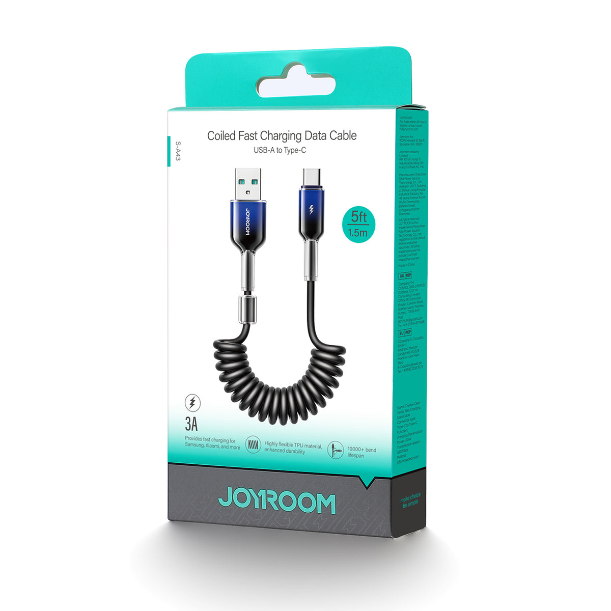 Joyroom S-A43 Crystal-Clear Series 3A USB-A - USB-C spiralinis laidas 1.5m - juodas