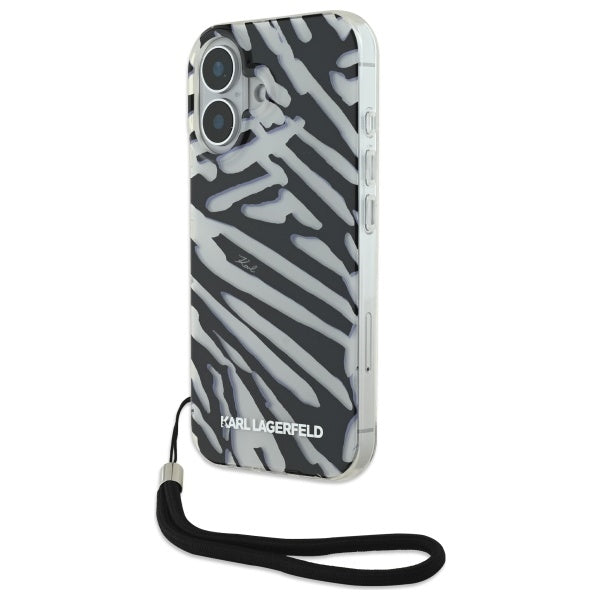 Karl Lagerfeld Zebra dėklas su virvute iPhone 16 – juodas