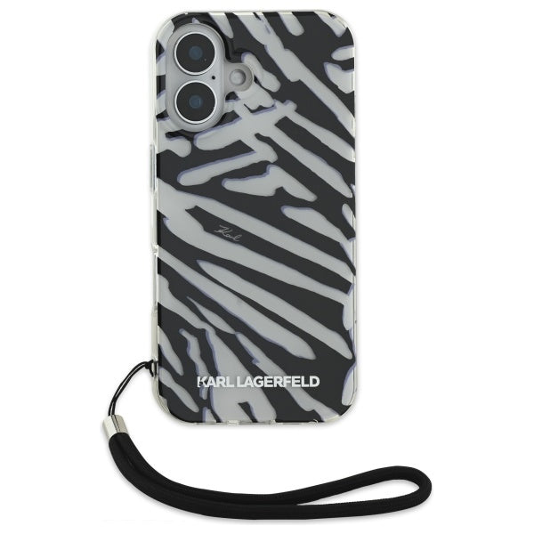 Karl Lagerfeld Zebra dėklas su virvute iPhone 16 – juodas