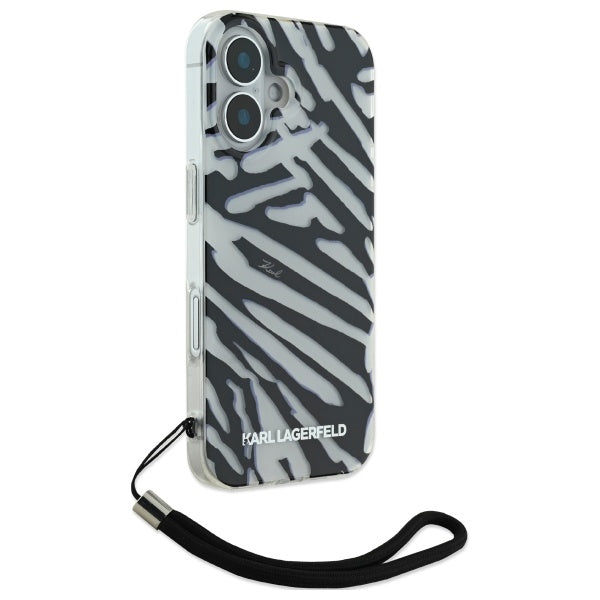 Karl Lagerfeld Zebra dėklas su virvute iPhone 16 – juodas