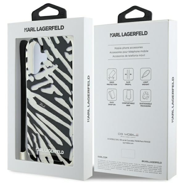 Karl Lagerfeld Zebra dėklas su virvute iPhone 16 – juodas