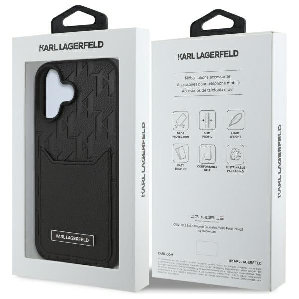 Karl Lagerfeld dėklas iPhone 16 – juodas, su kišene