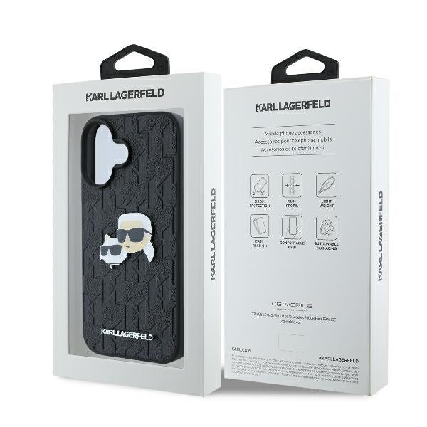 Karlo Lagerfeldo monograma Karl & Choupette galvos kaištis iPhone 16 dėklas – juodas