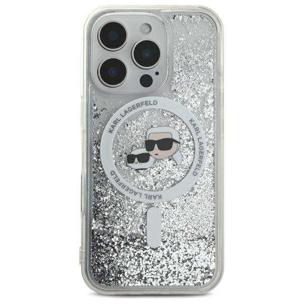 Karl Lagerfeld skysti blizgučiai Karl & Choupette Head Magsafe iPhone 16 Pro Case – skaidrus