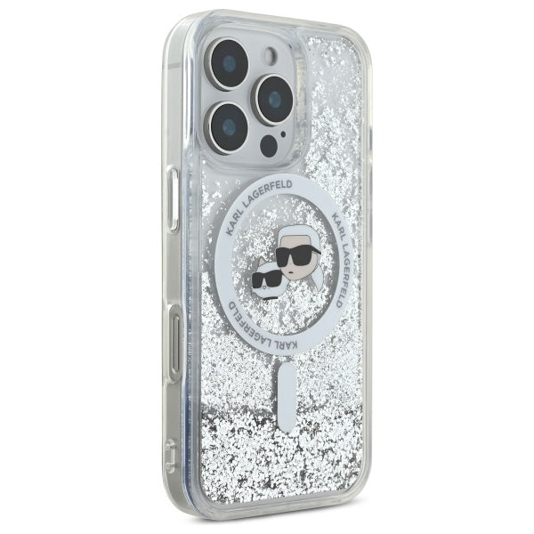 Karl Lagerfeld skysti blizgučiai Karl & Choupette Head Magsafe iPhone 16 Pro Case – skaidrus
