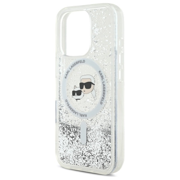 Karl Lagerfeld skysti blizgučiai Karl & Choupette Head Magsafe iPhone 16 Pro Case – skaidrus