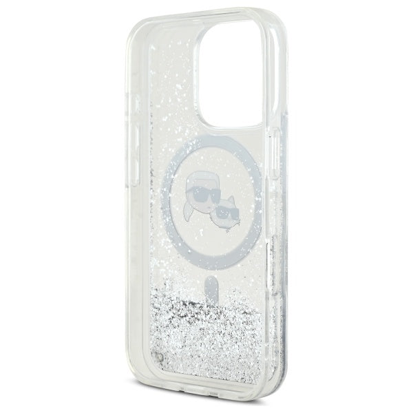Karl Lagerfeld skysti blizgučiai Karl & Choupette Head Magsafe iPhone 16 Pro Case – skaidrus