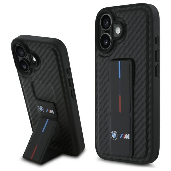 BMW M Grip Stand Smooth & Carbon dėklas iPhone 16 – juodas