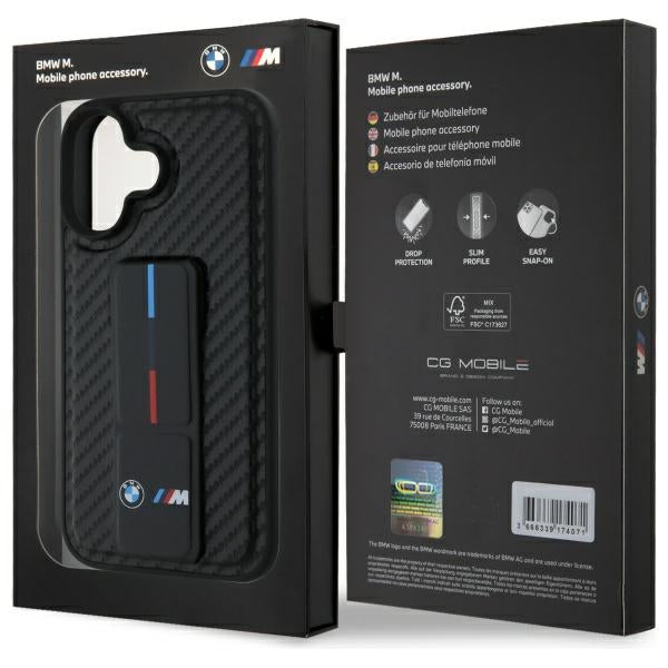 BMW M Grip Stand Smooth & Carbon dėklas iPhone 16 – juodas