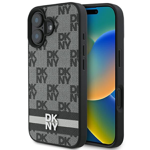 DKNY Checkered Pattern & Printed Stripes iPhone 16 dėklas - juodas